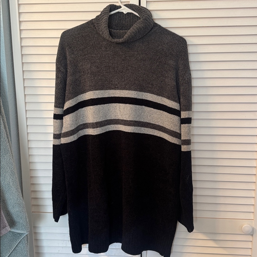 Gray and Black Striped Turtleneck Sweater
